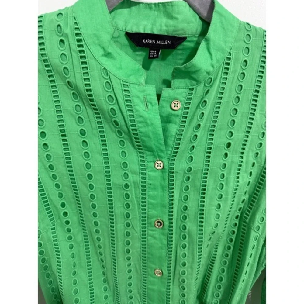 Karen Millen Eyelet Dress US 4 Green Long Sleeve Shirt Dress‎